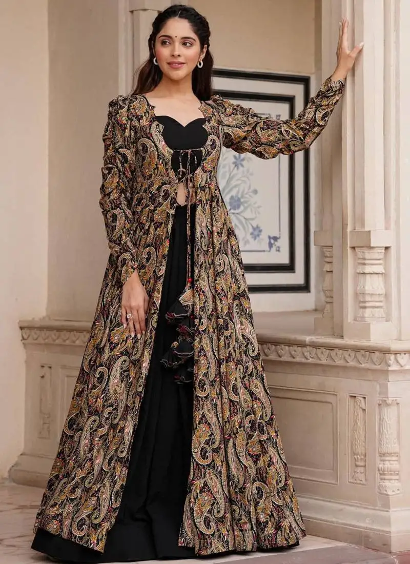 Black digital print faux georgette palazzo suit set with crop top & shrug stitched