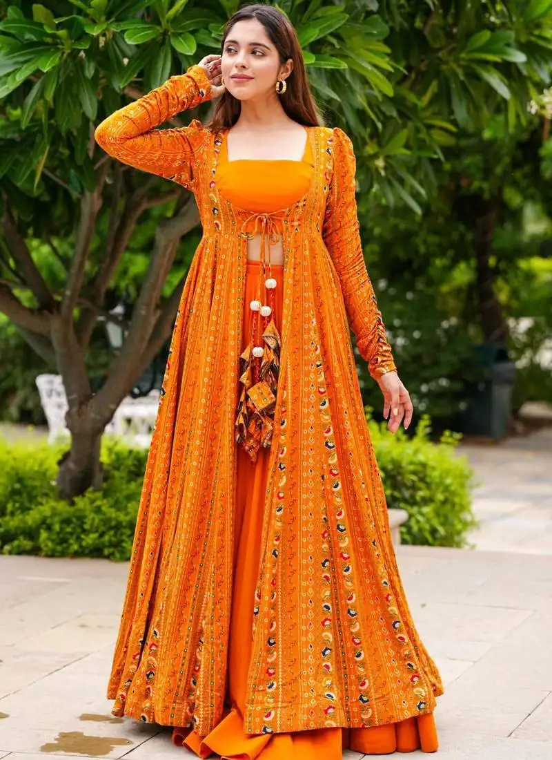 Orange digital print faux georgette palazzo suit set with crop top & shrug stitched