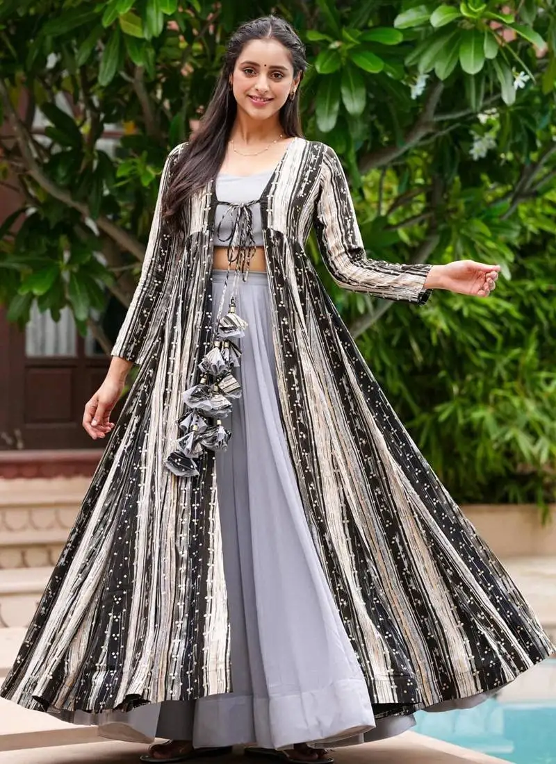 Light grey digital print faux georgette palazzo suit set with crop top & shrug stitched