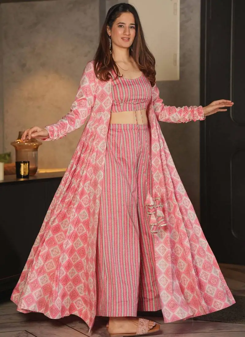 Pink digital print rayon palazzo suit set with crop top & shrug stitched