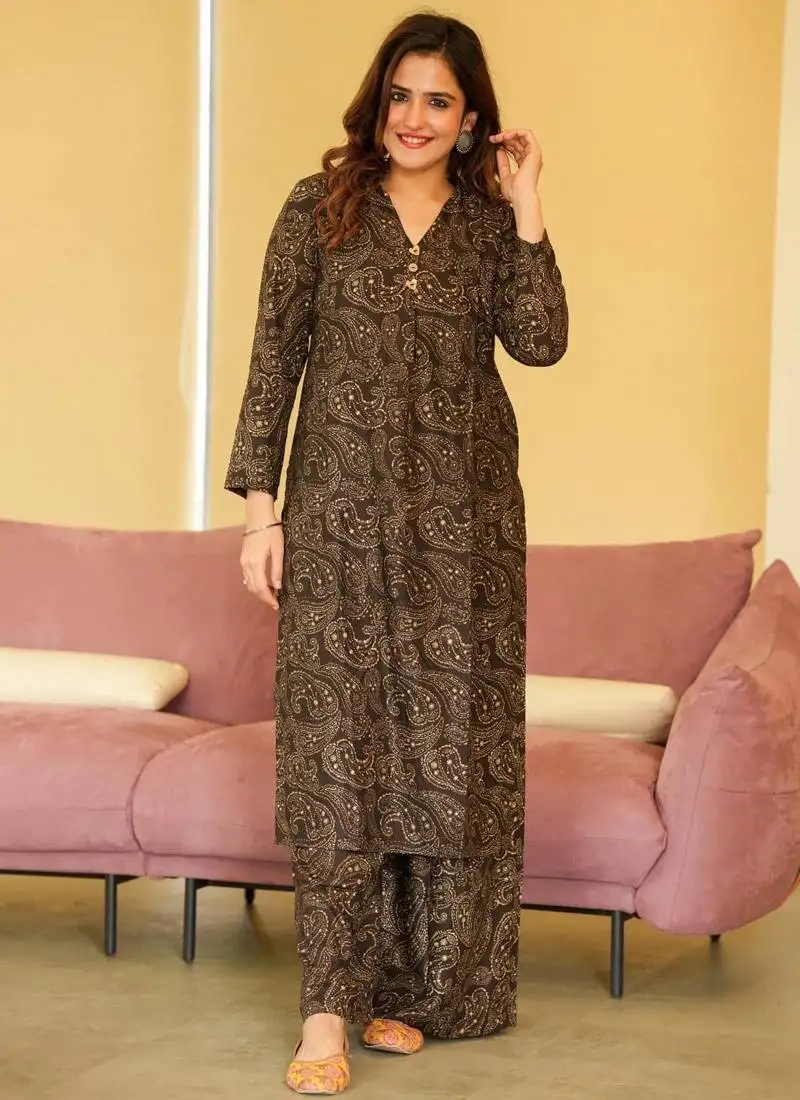 Brown printed muslin salwar-kameez stitched