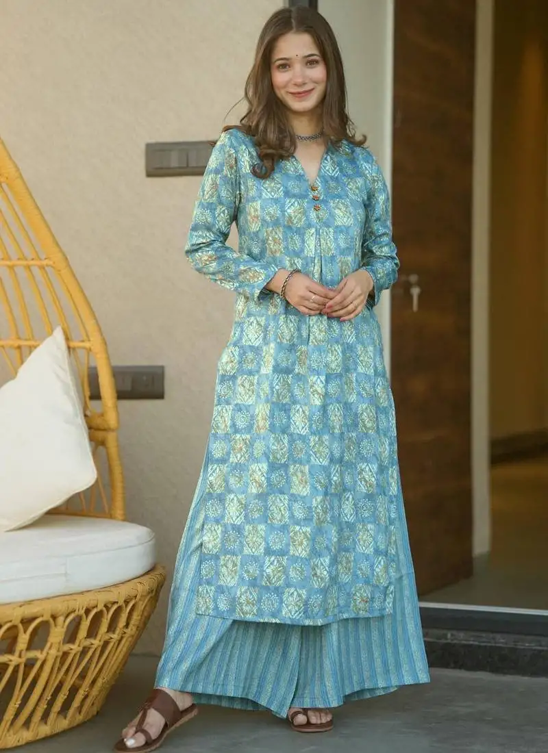 Sky blue printed muslin salwar-kameez stitched