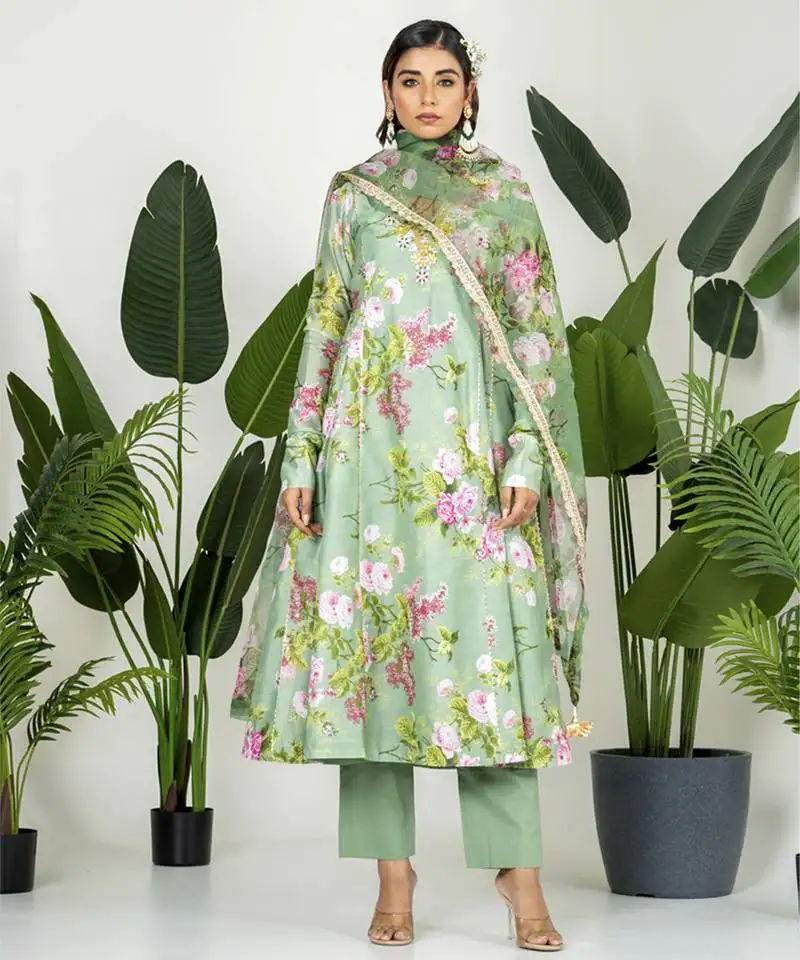Green chanderi digital printed kurta set