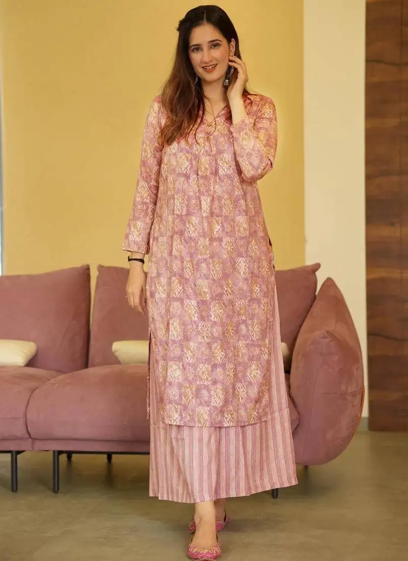 Dusty pink printed muslin salwar-kameez stitched