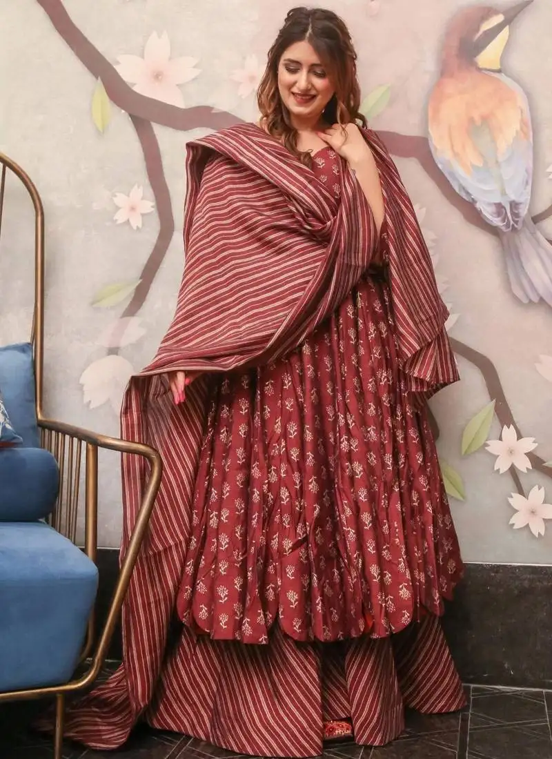 Maroon printed maslin palazzo stitched