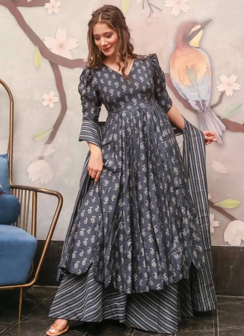 Grey printed maslin  palazzo stitched