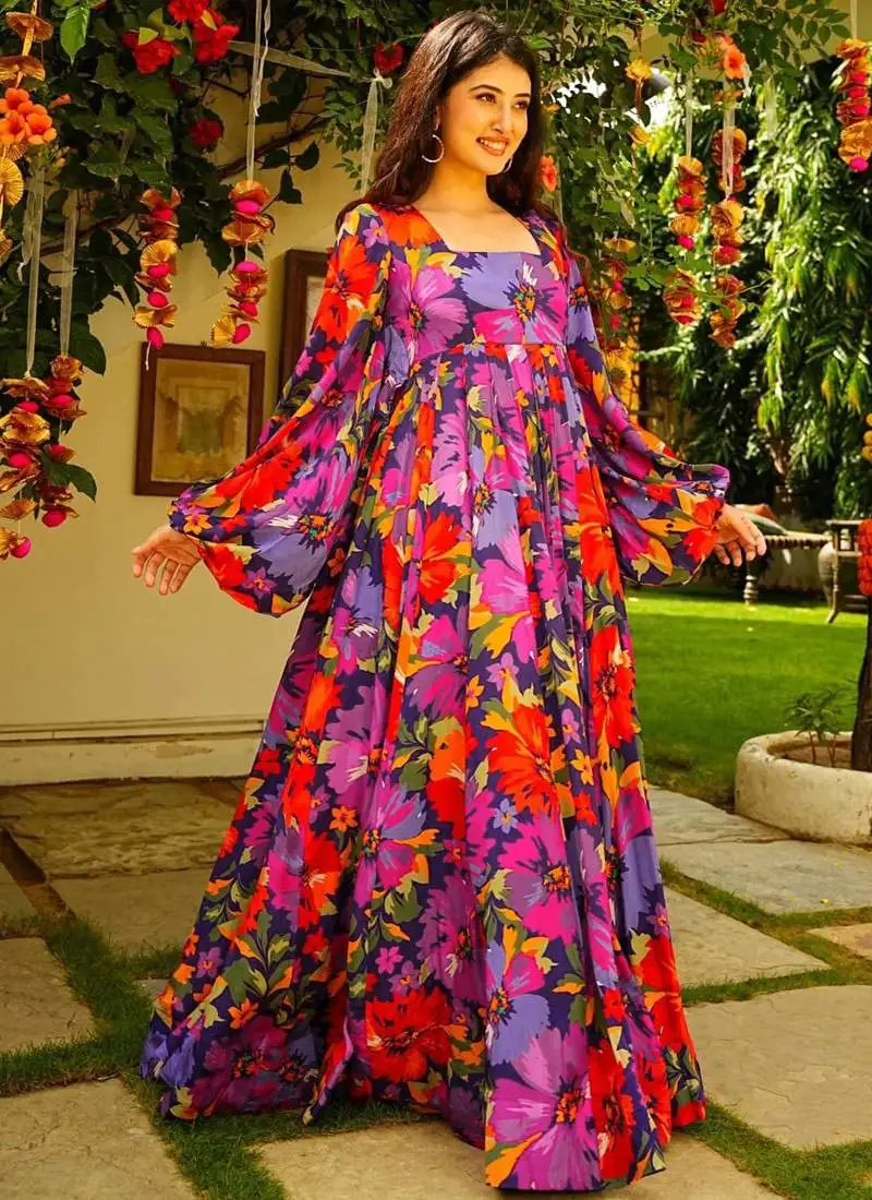 Multicolor printed georgette gown stitched