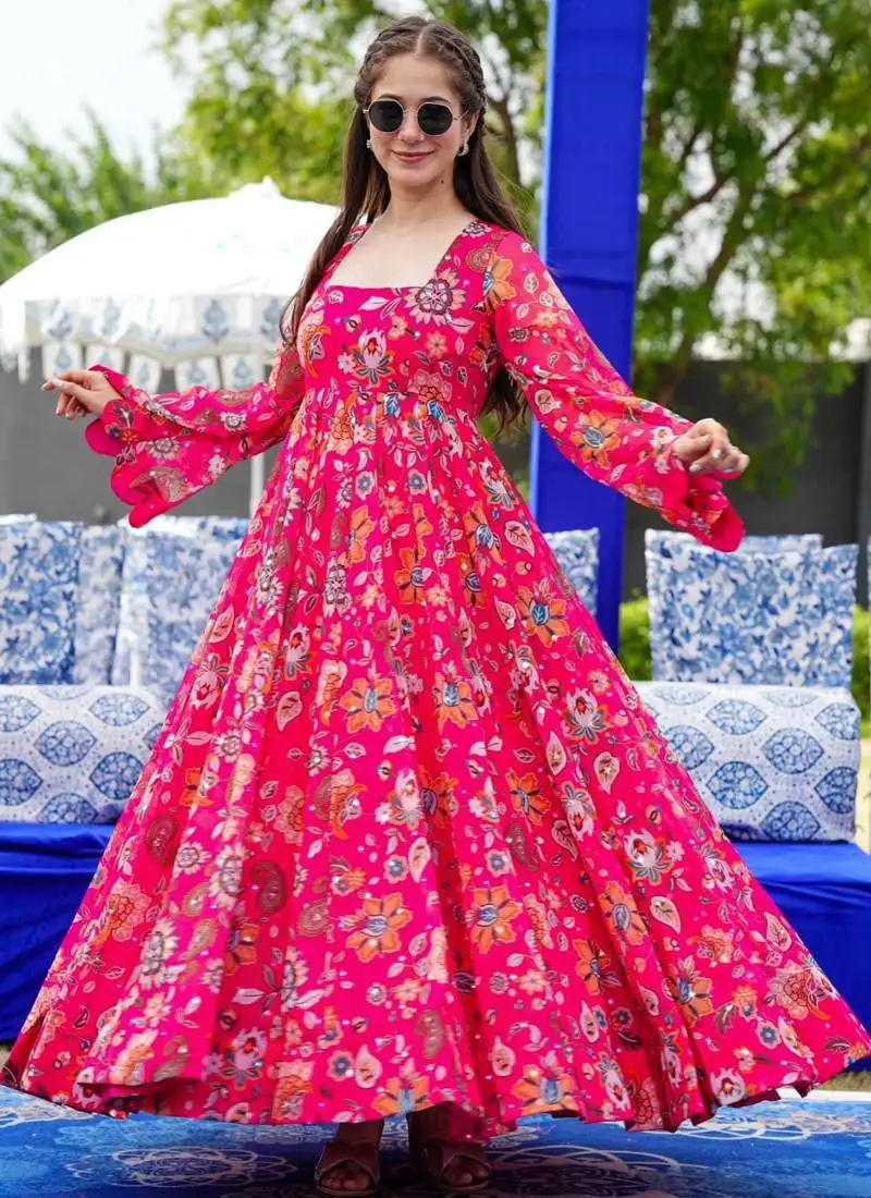 Pink printed georgette gown stitched