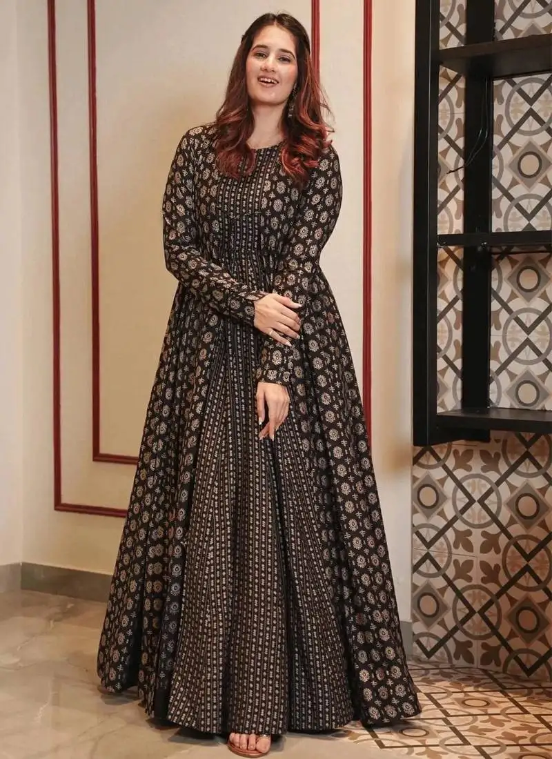 Black digital print muslin gown stitched