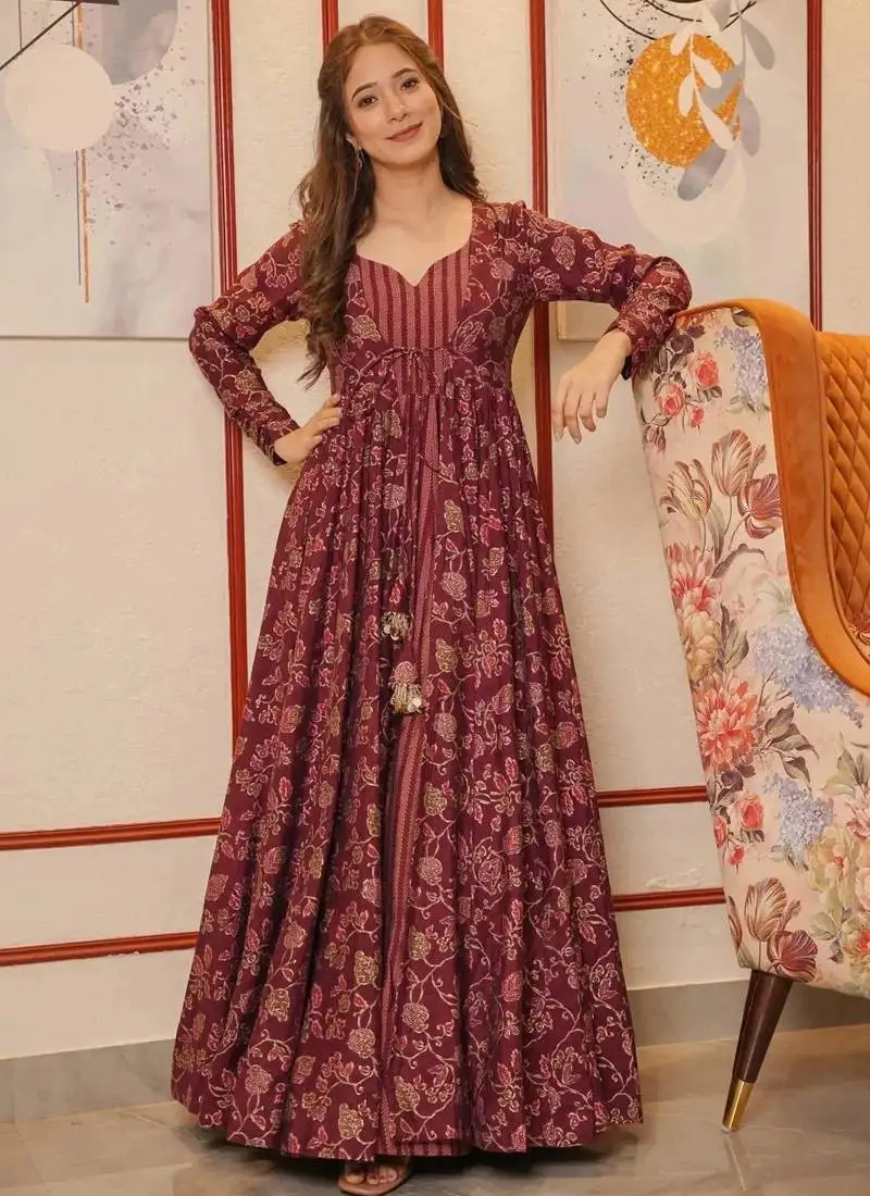 Maroon digital print muslin gown stitched