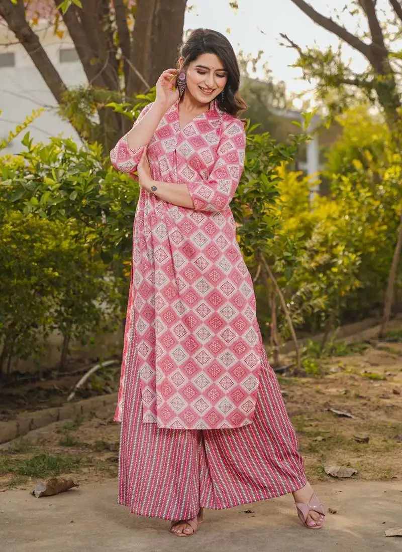 Peach printed rayon palazzo stitched