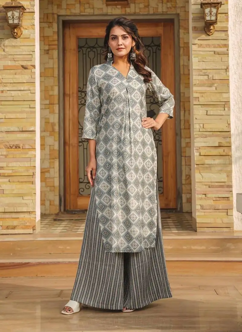 Grey printed rayon palazzo stitched