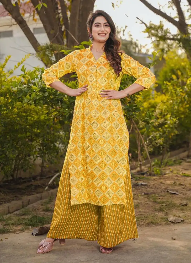 Yellow printed rayon palazzo stitched