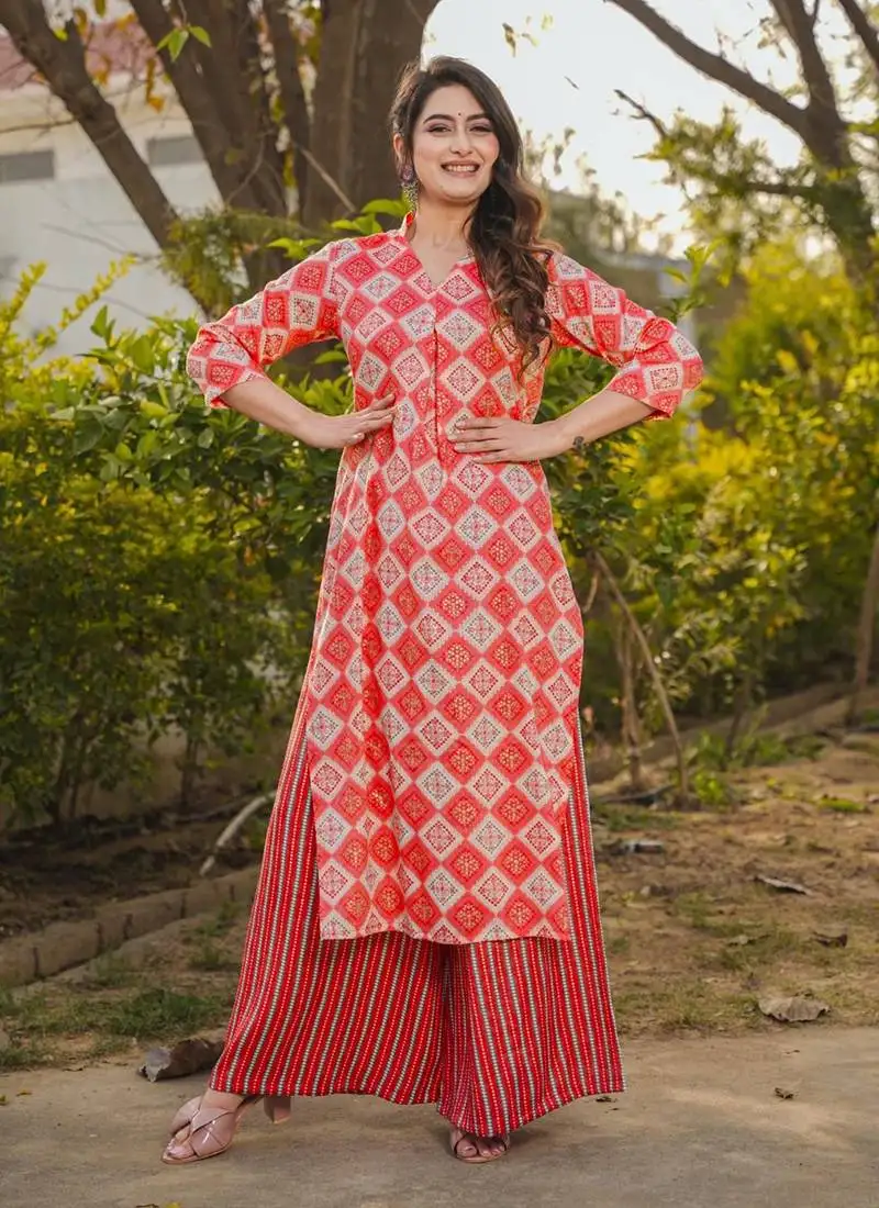 Pink printed rayon palazzo stitched