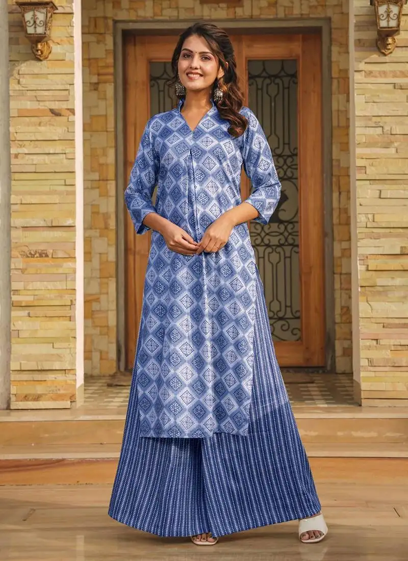 Blue printed rayon palazzo stitched
