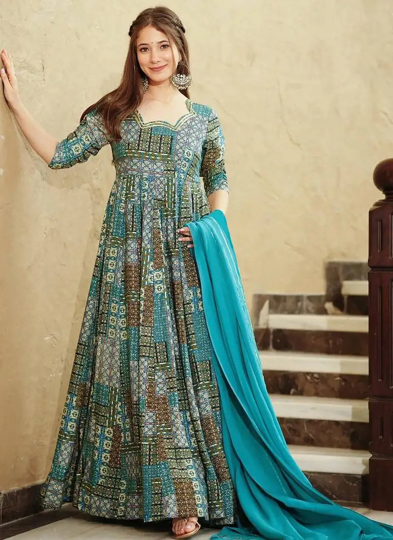 Sky blue printed rayon anarkali suits stitched