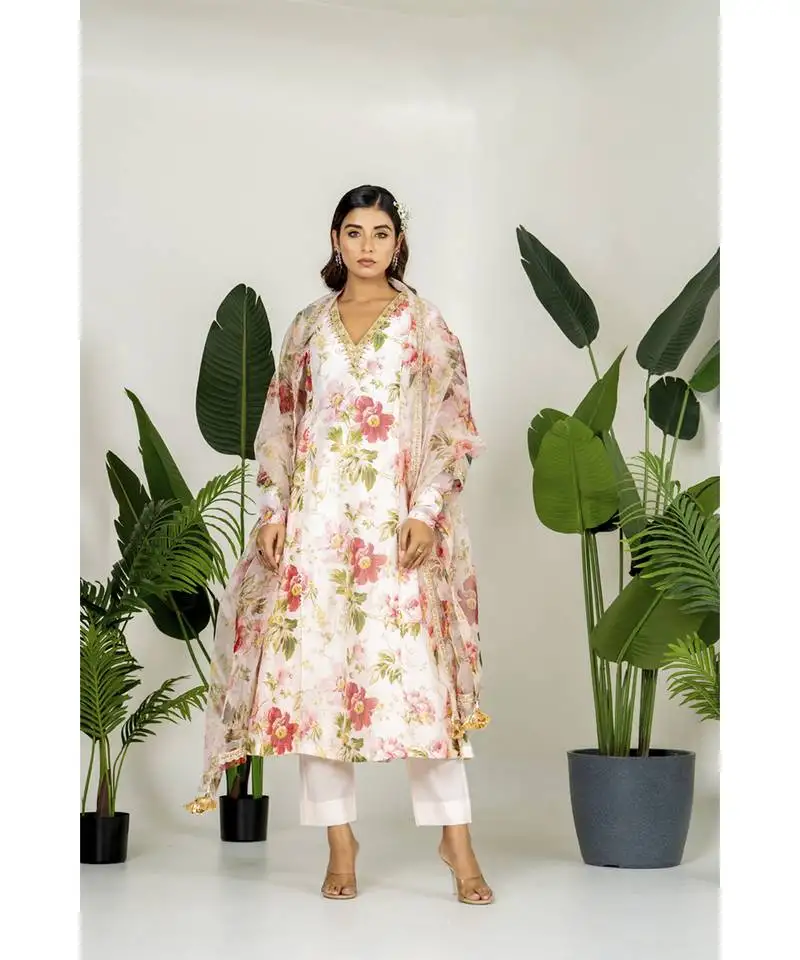 Pastel peach chanderi digital printed kurta set