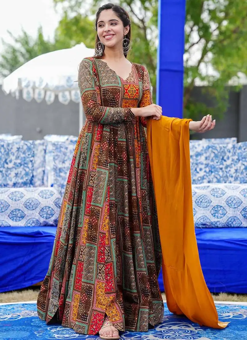 Multicolor printed rayon anarkali suits stitched