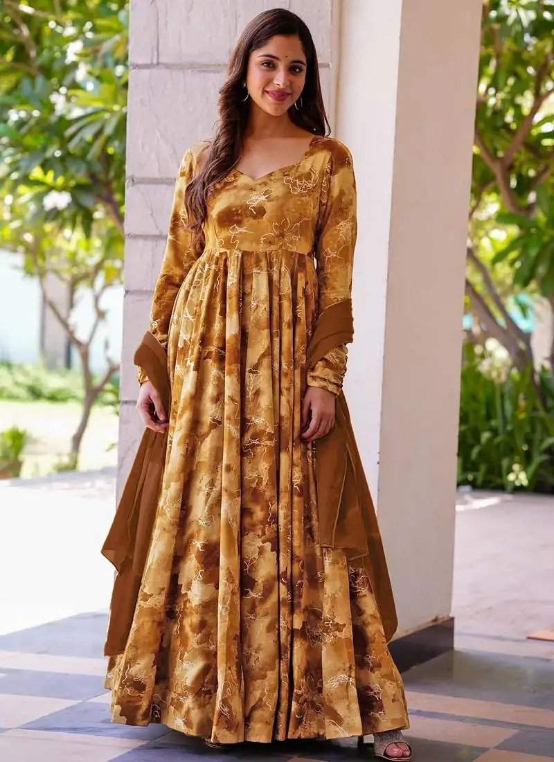 Mustard printed rayon anarkali suits stitched