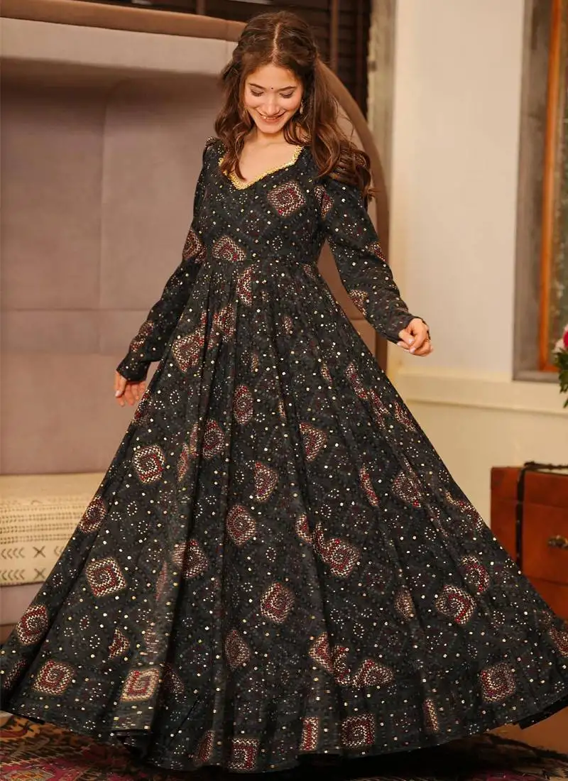 Black printed rayon anarkali suits stitched