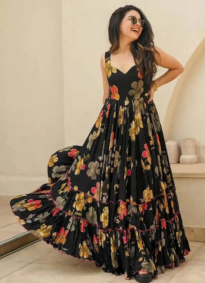 Black printed rayon gown stitched