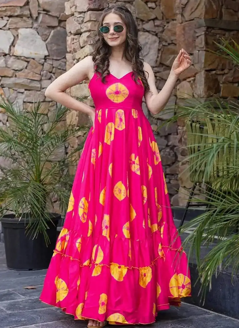 Pink printed rayon gown stitched