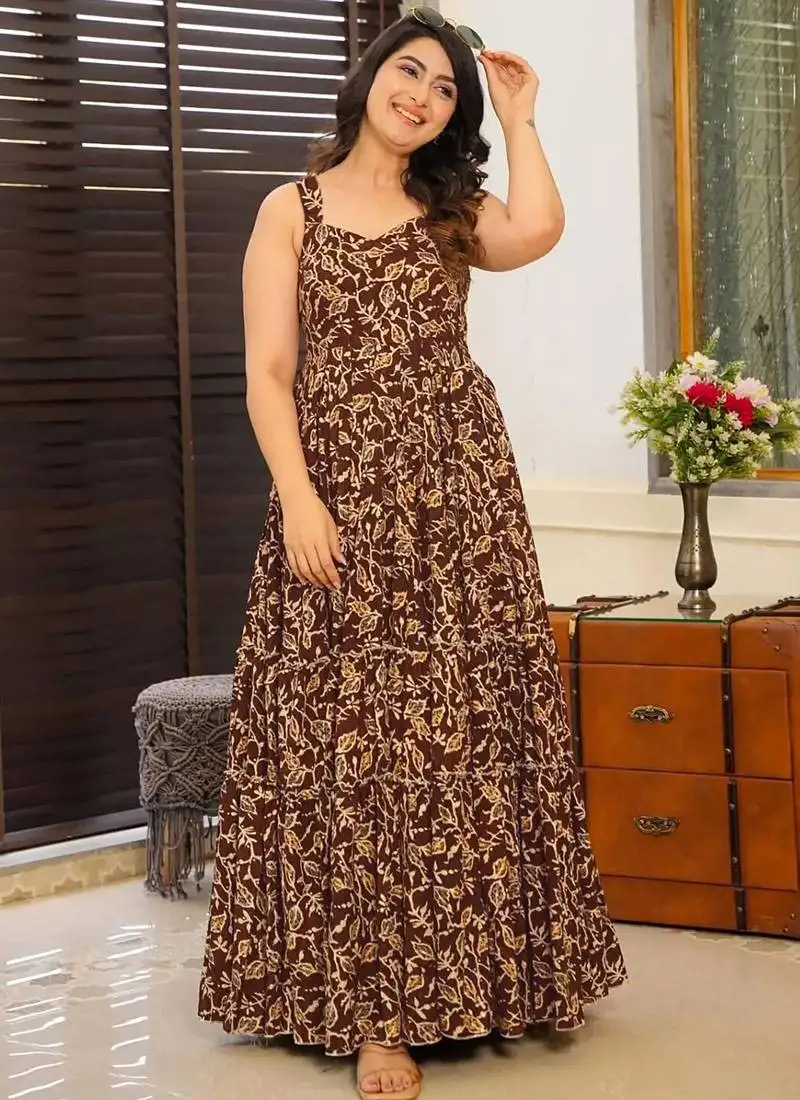 Brown printed rayon gown stitched