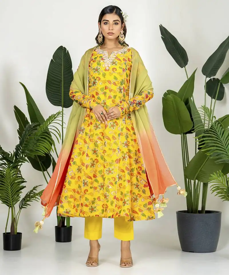 Yellow chanderi digital printed kurta set