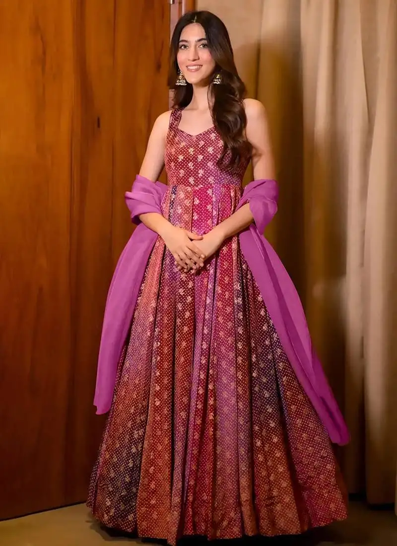 Rani-pink digital print airtex chinon anarkali suits stitched