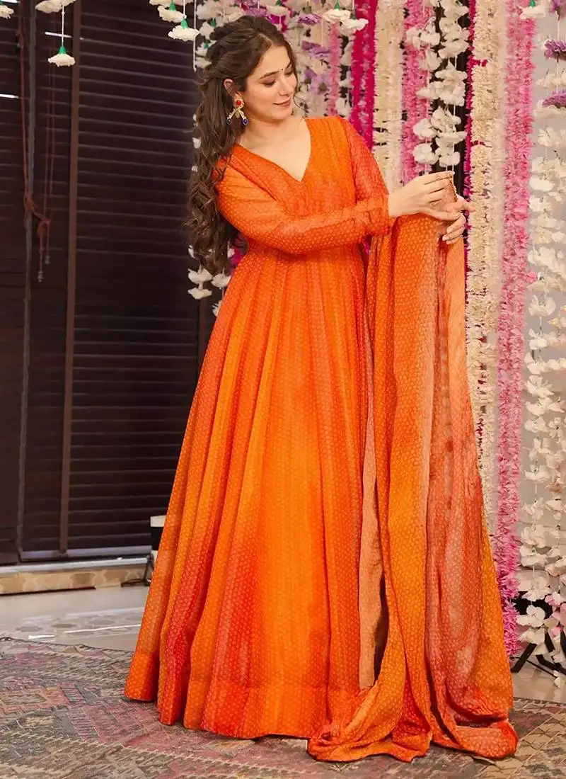 Orange digital print airtex chinon anarkali suits stitched