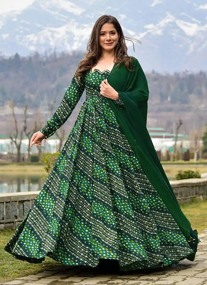 Green digital print rayon anarkali suits stitched