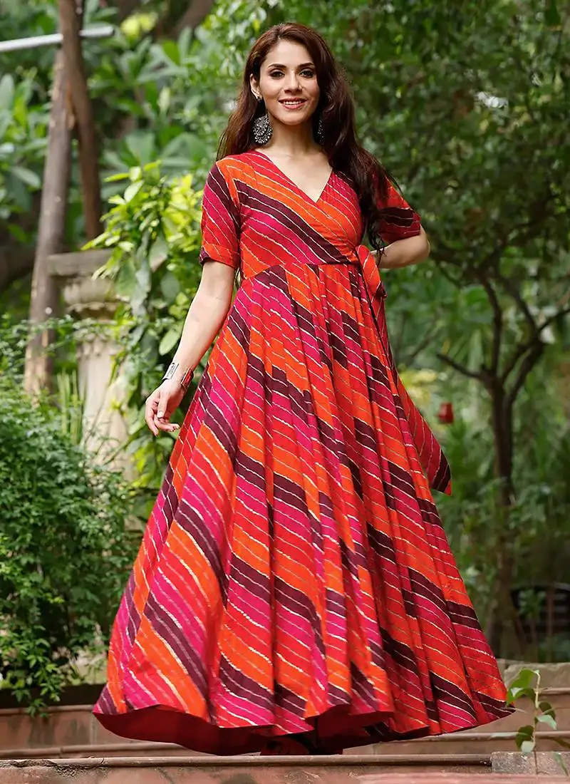 Orange-rani digital print rayon anarkali suits stitched