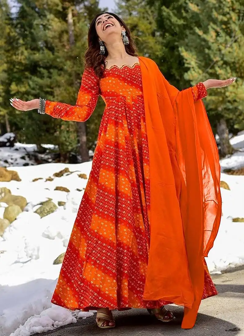 Orange red digital print rayon anarkali suits stitched