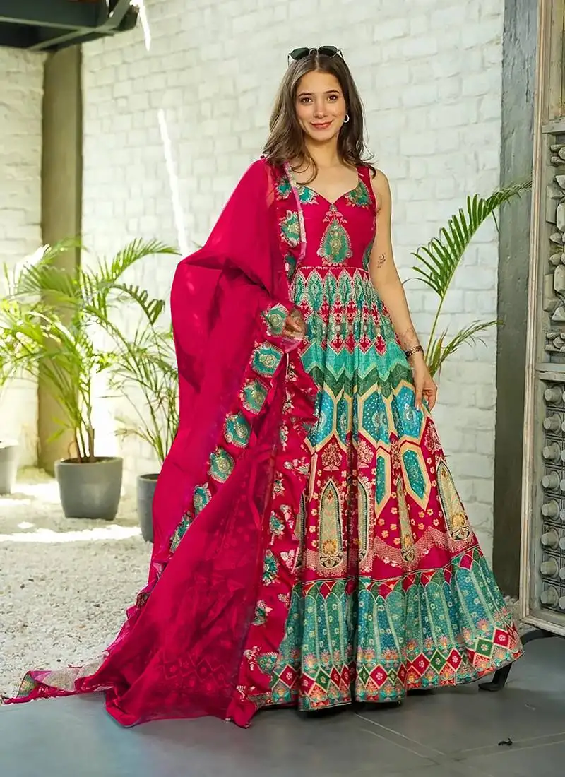 Red printed silk gown stitched