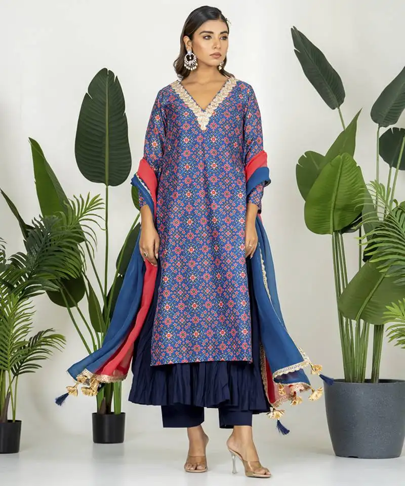 Blue chanderi patola digital printed kurta set
