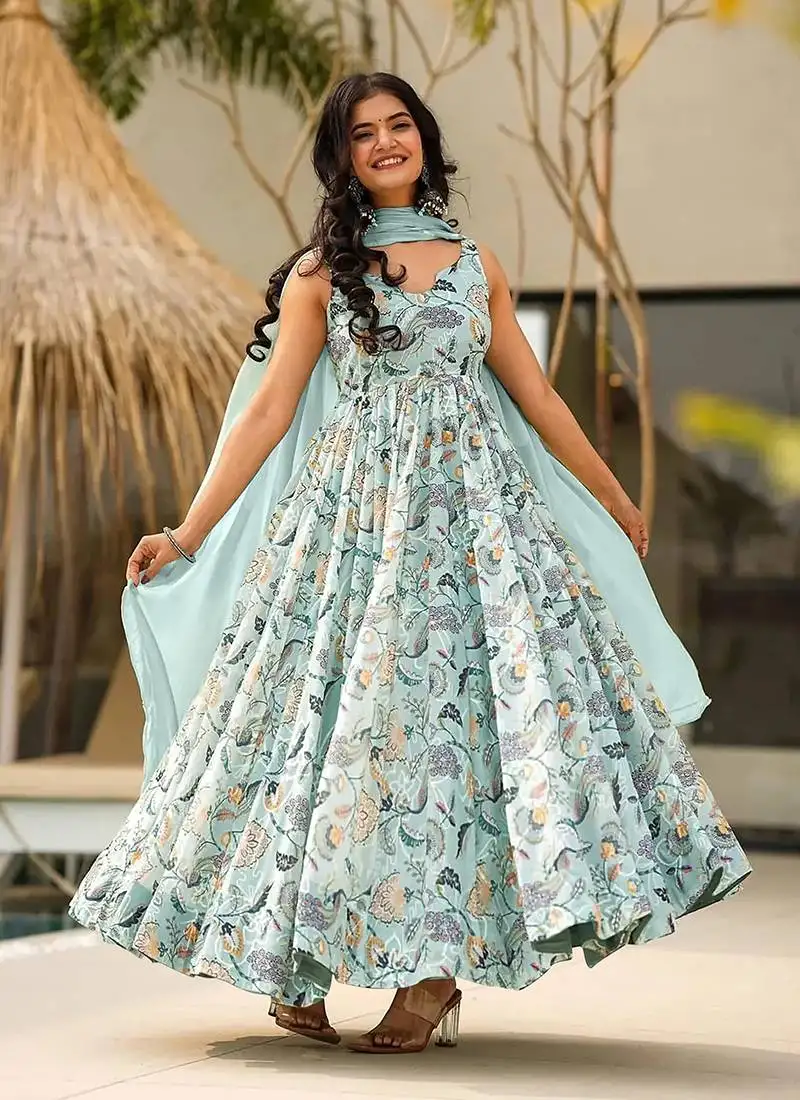 Sky blue printed rayon gown stitched