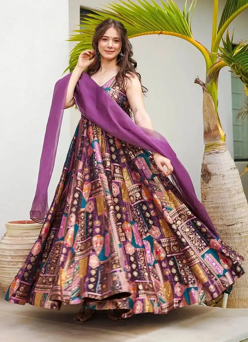 Purple printed jharna silk gown stitched
