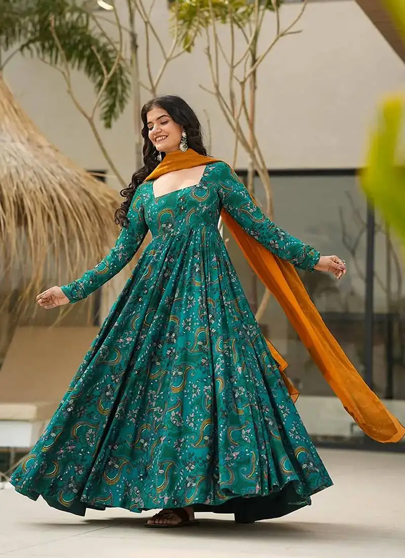 Teal blue printed rayon gown stitched