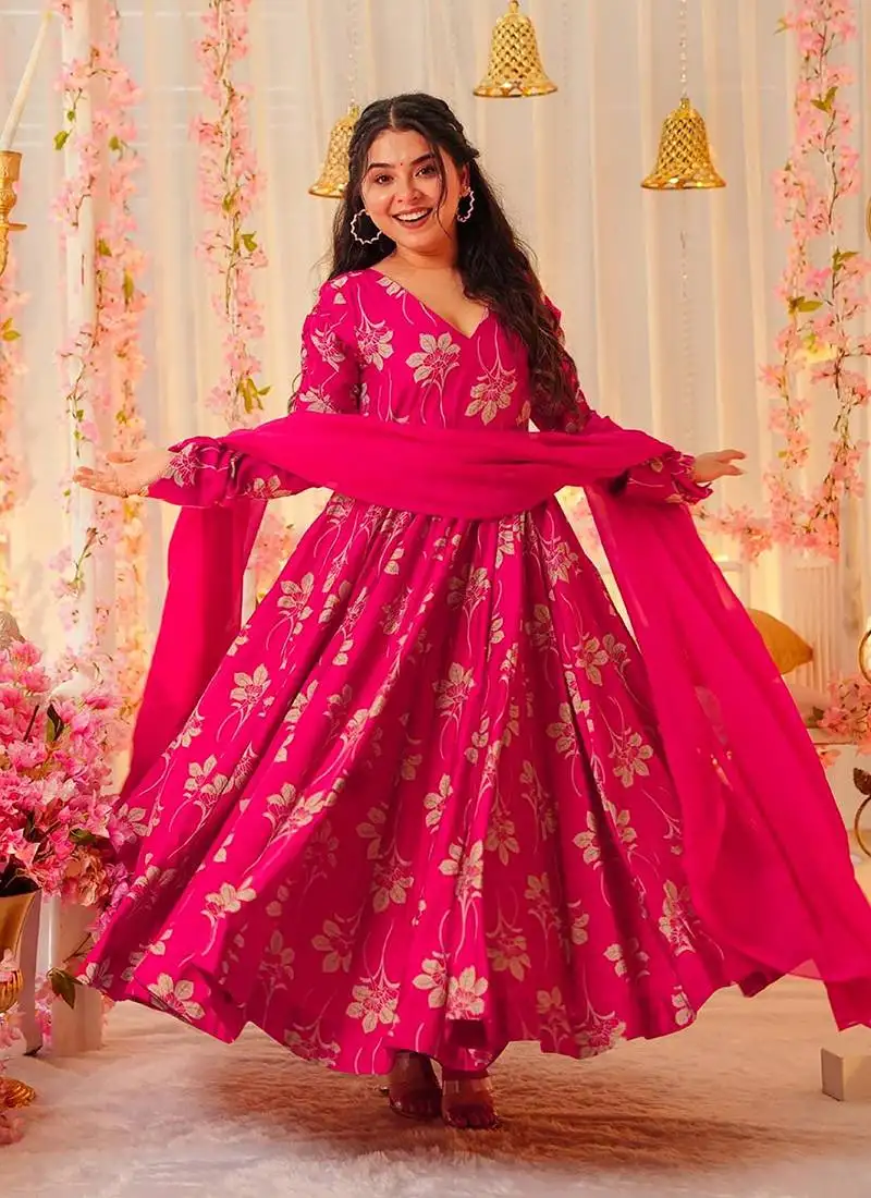 Rani pink printed rayon gown stitched