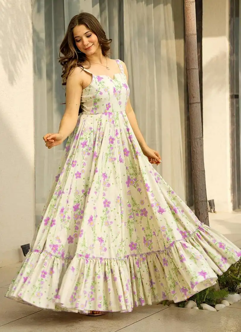 Cream printed rayon gown stitched