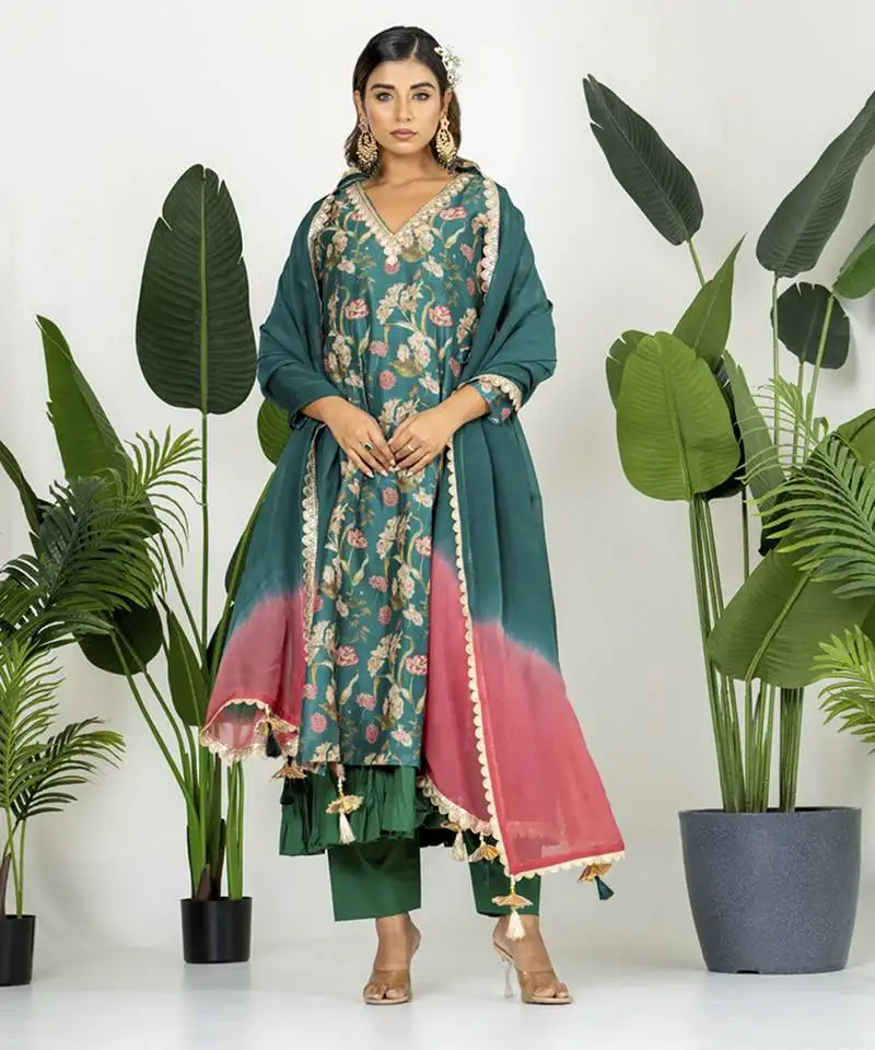 Bottle green chanderi digital floral printed kurta set