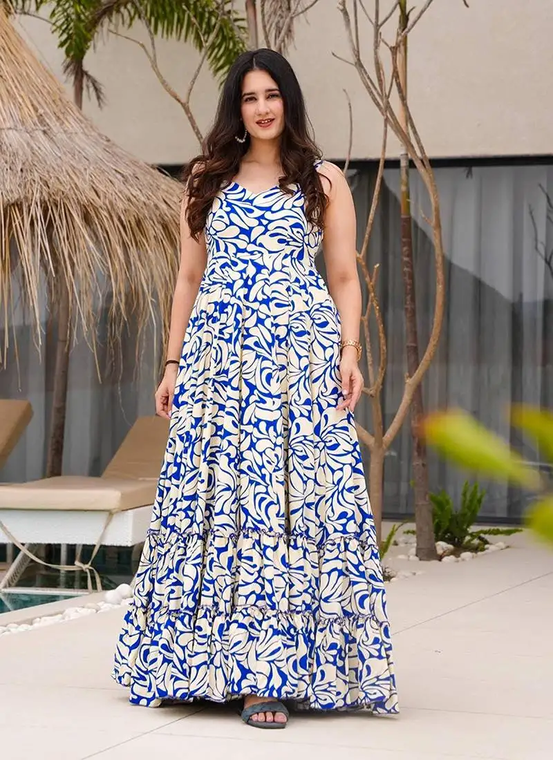 Cream & blue printed rayon gown stitched