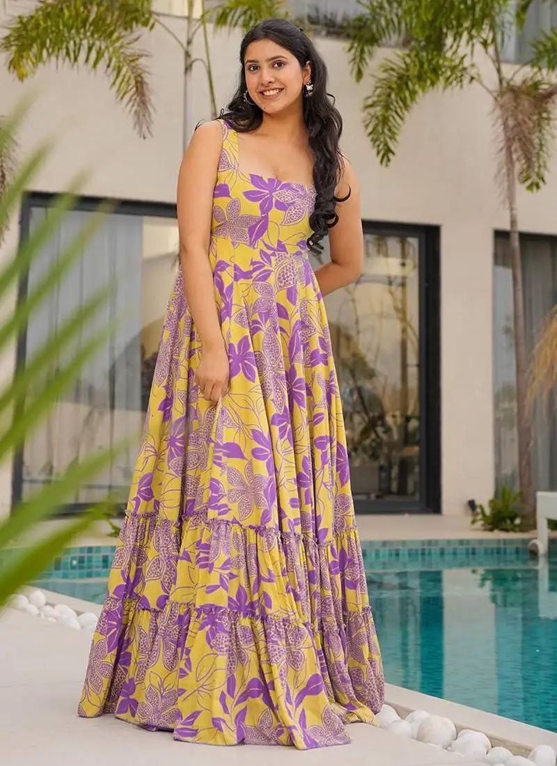 Yellow printed rayon gown stitched