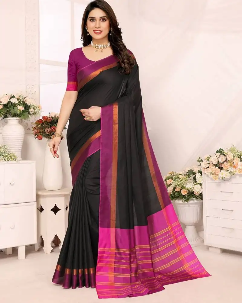 Black silk blend soft saree with pink contrast blouse