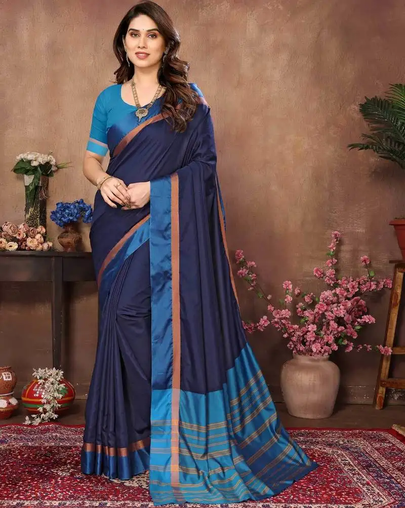 Blue silk blend soft saree with contrast blouse