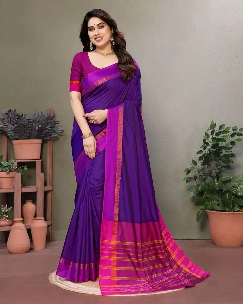 Purple silk blend soft saree with contrast blouse