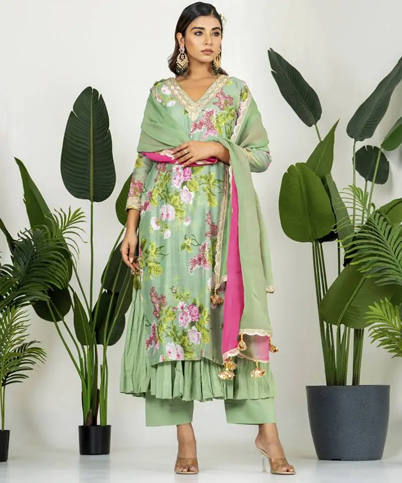 Pista green chanderi digital floral printed kurta set