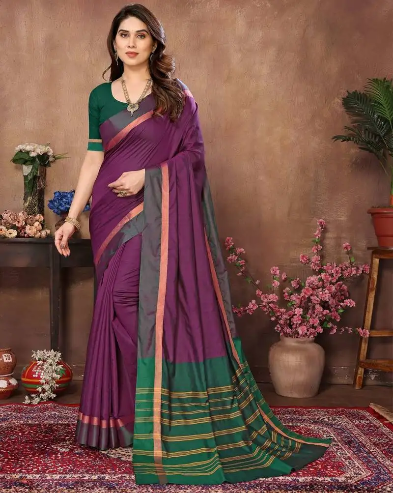Wine silk blend soft saree with contrast blouse