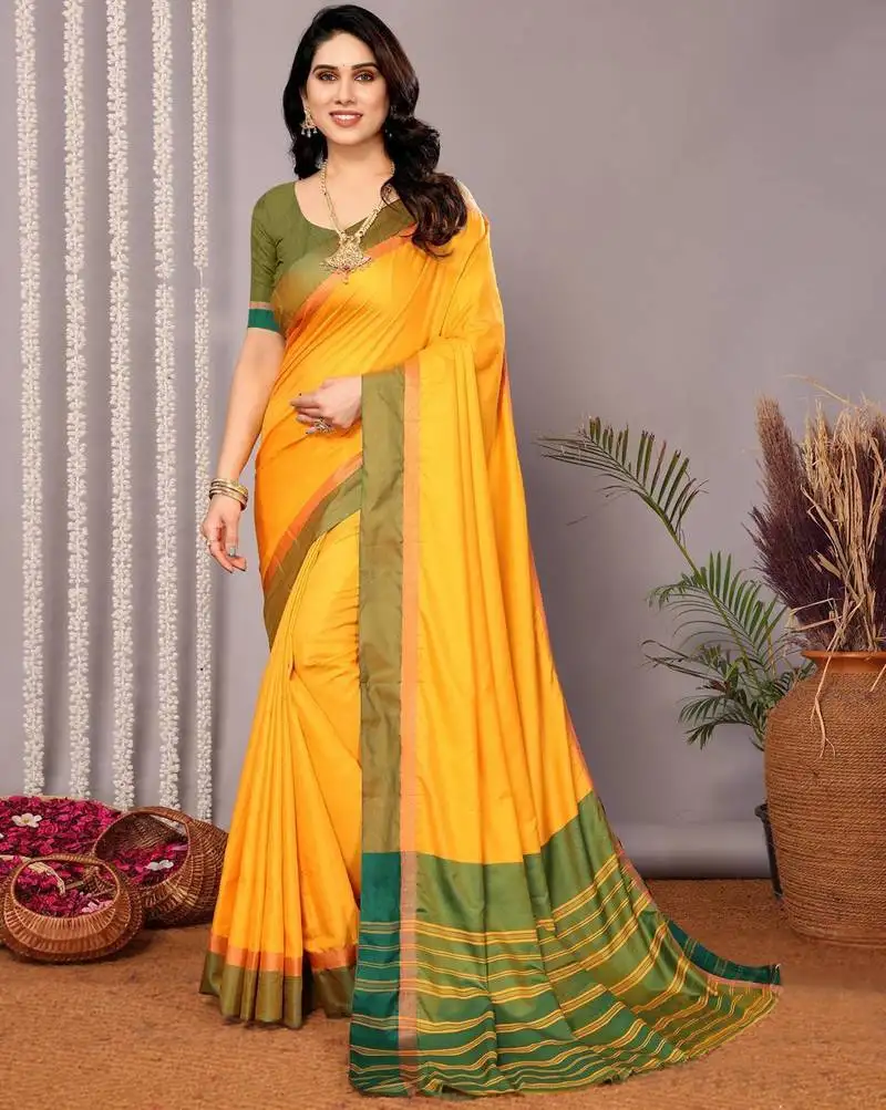 Yellow silk blend soft saree with contrast blouse