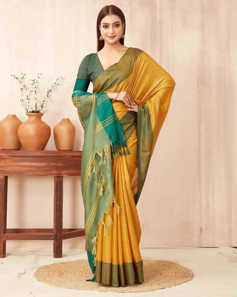 Yellow silk blend saree with contrast blouse